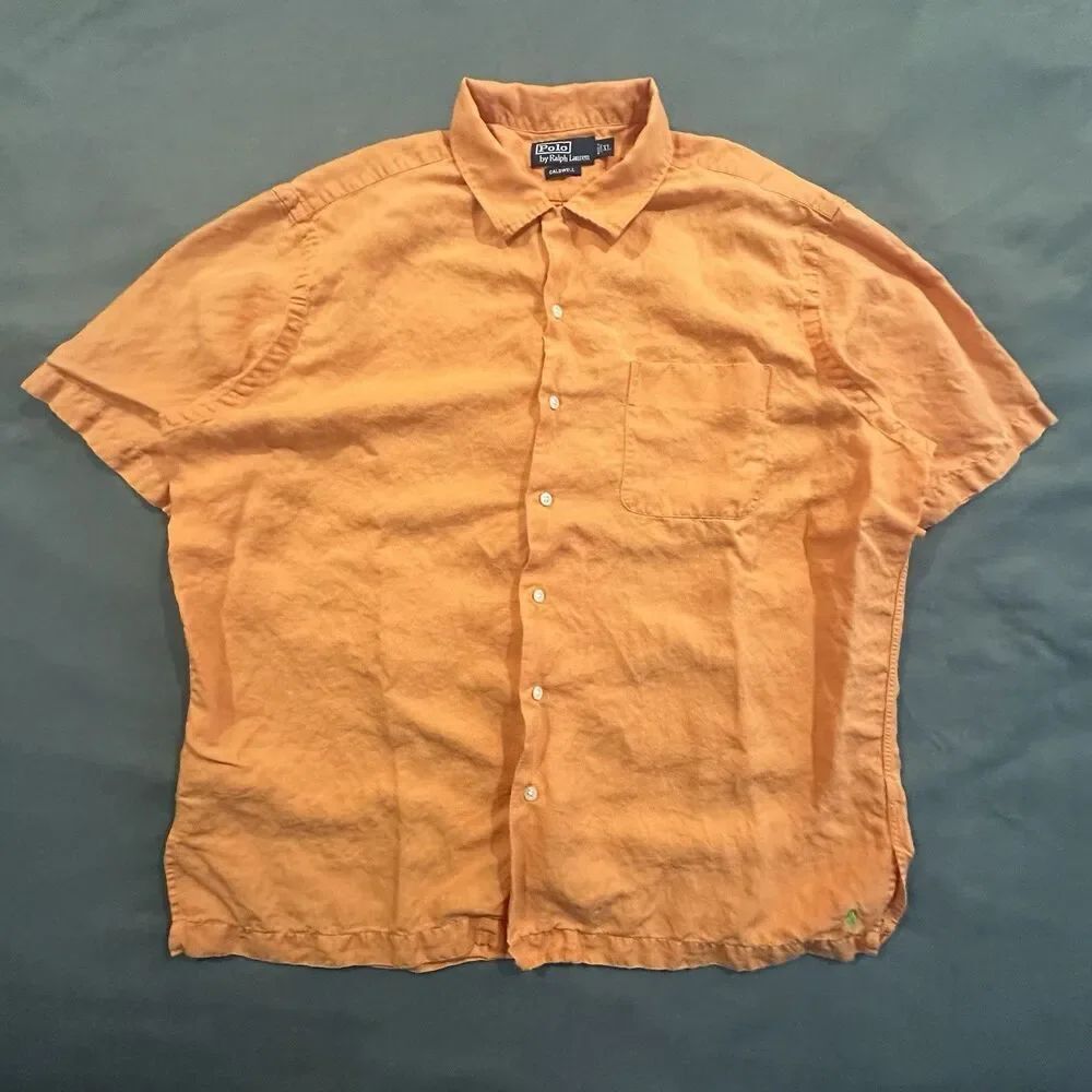 Polo Ralph Lauren Caldwell Linen Shirt Mens XL Woven Button Front Orange Pocket